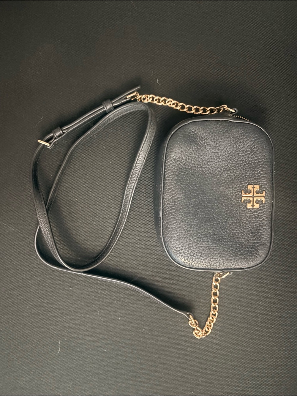 Tory Burch Black Pebbled Leather Crossbody with Gold Logo